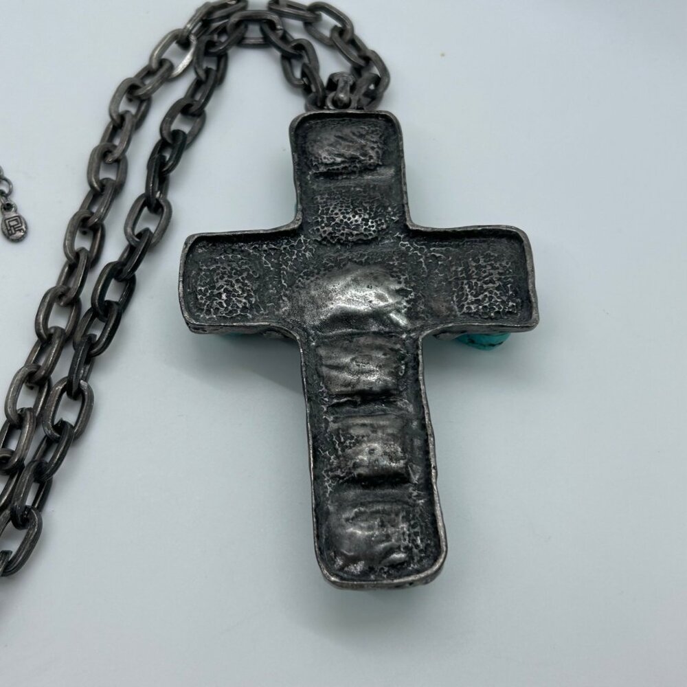 Turquoise Color Stone Cross Pendant Silver Tone Necklace Southwestern Boho - Picture 12 of 16